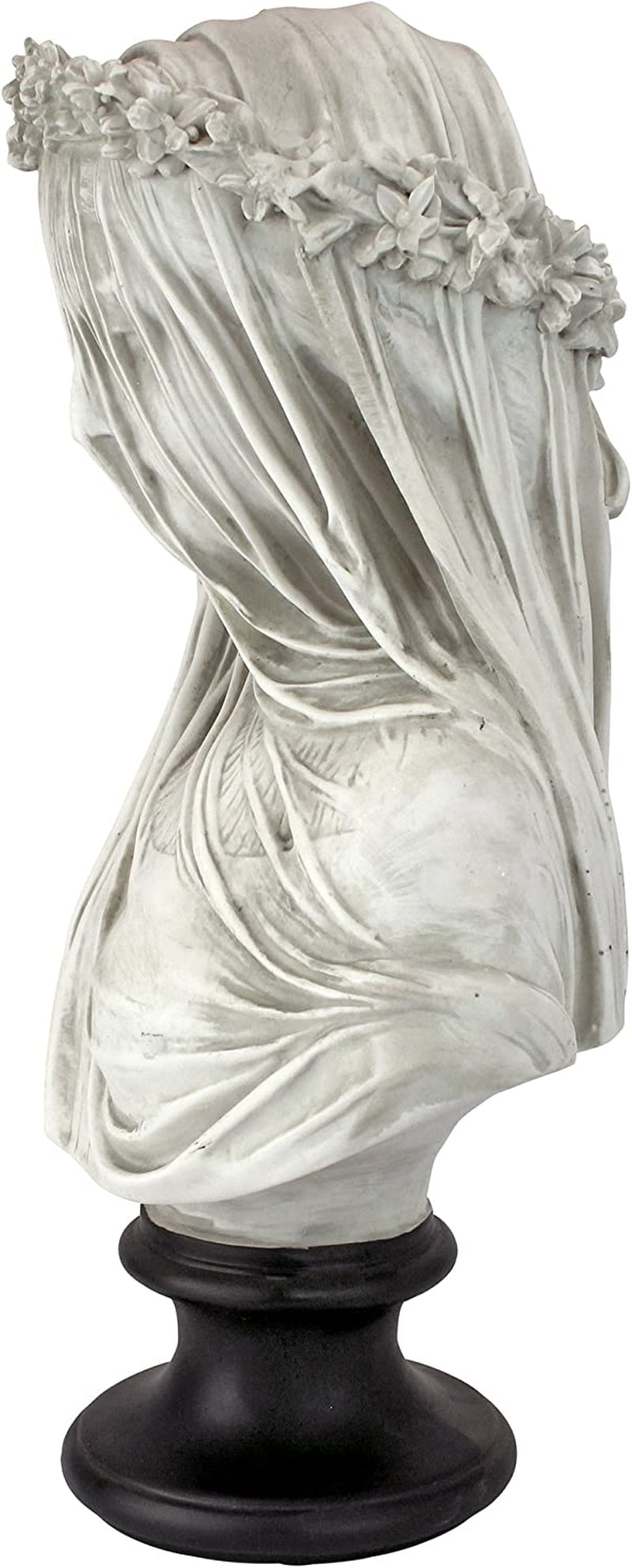 Veiled Maiden Indoor Bust Statue, 9 Inches Wide, 14 Inches Tall, Handcast Polyresin, Antiqued White Finish with a Black Painted Base