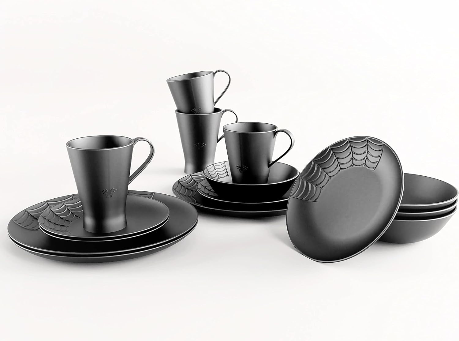 Spiderweb Dinnerware Set (16 Pieces) - Gothic Kitchen Decor - Black Matte Porcelain Gothic Dinnerware Set: 4 Dinner Plates 4 Salad Plates 4 Bowls 4 Mugs - Spiderweb Decor Halloween Spooky Gifts