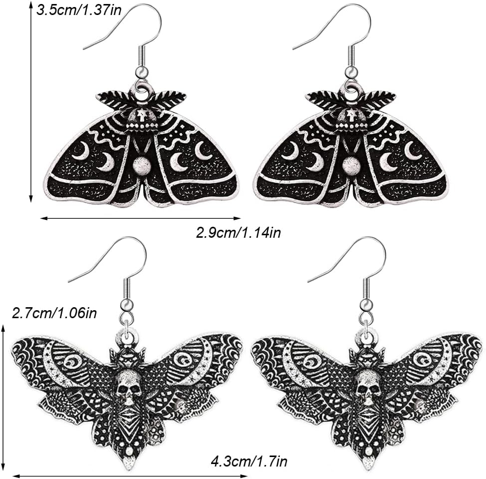 2 Pairs Goth Butterfly Dangle Earrings Luna Moth Earrings Crescent Moon Star Drop Earrings Punk Skull Pendant Earrings for Women - Silver