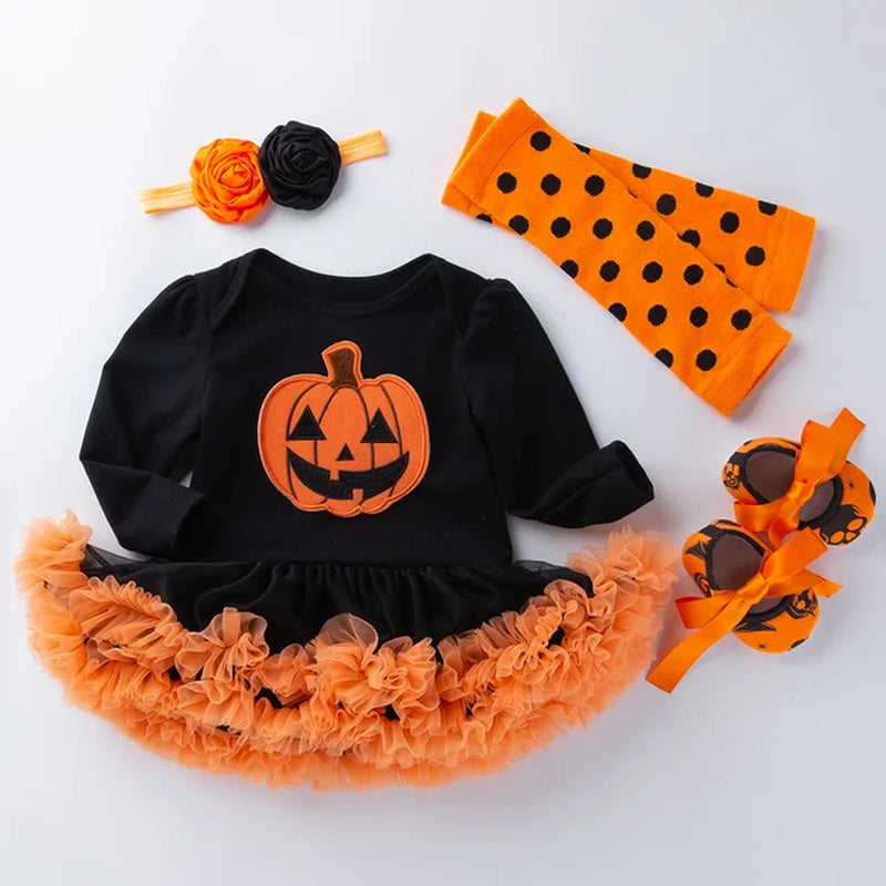 Halloween Baby Costume Girls Rompers Dresses Newborn Pumpkin Black Jumpsuits Dress Infant Cartoon Printed Children Party Outfit