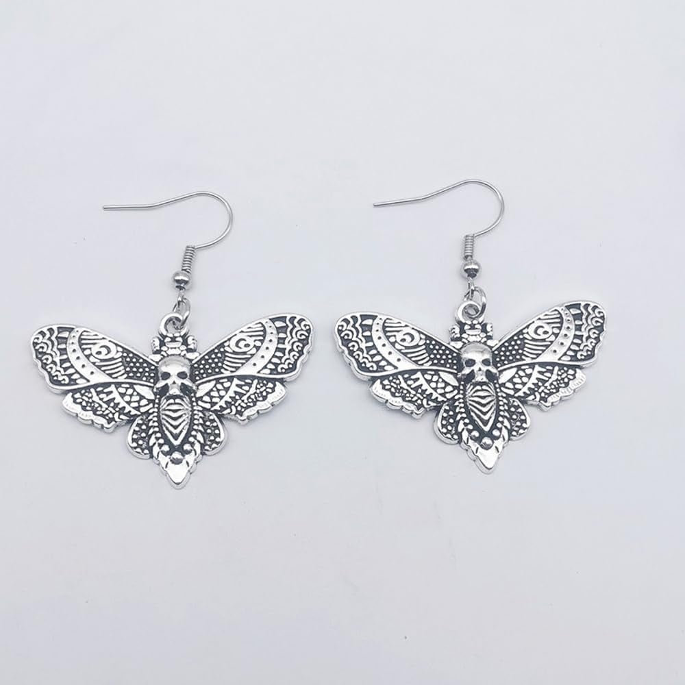 2 Pairs Goth Butterfly Dangle Earrings Luna Moth Earrings Crescent Moon Star Drop Earrings Punk Skull Pendant Earrings for Women - Silver