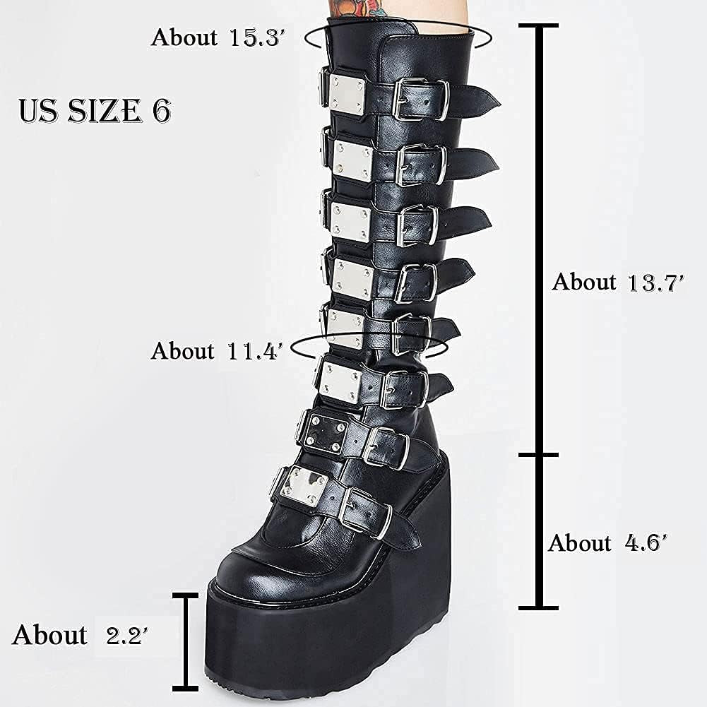 Womens Chunky Platform Knee High Boots High Heel Round-Toe Zip Punk Goth Mid Calf Combat Boots for Women…