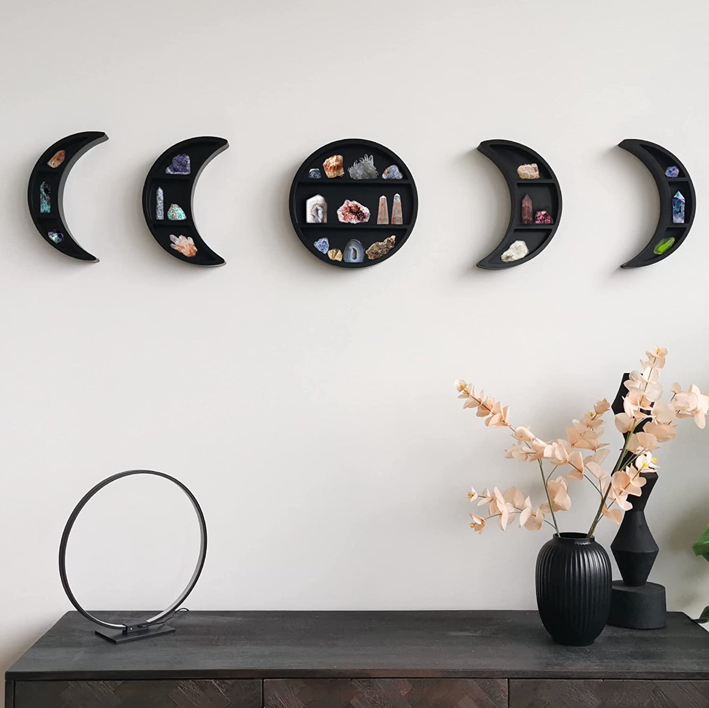 5 Pieces 12.2" Moon Phase Shelf Set - Phases of the Moon Wall Decor - Crescent Moon Shelf for Crystals - Moon Phase Wall Decor Crystal Shelf Display - above Bed Wall Decor Bedroom Storage (Black)