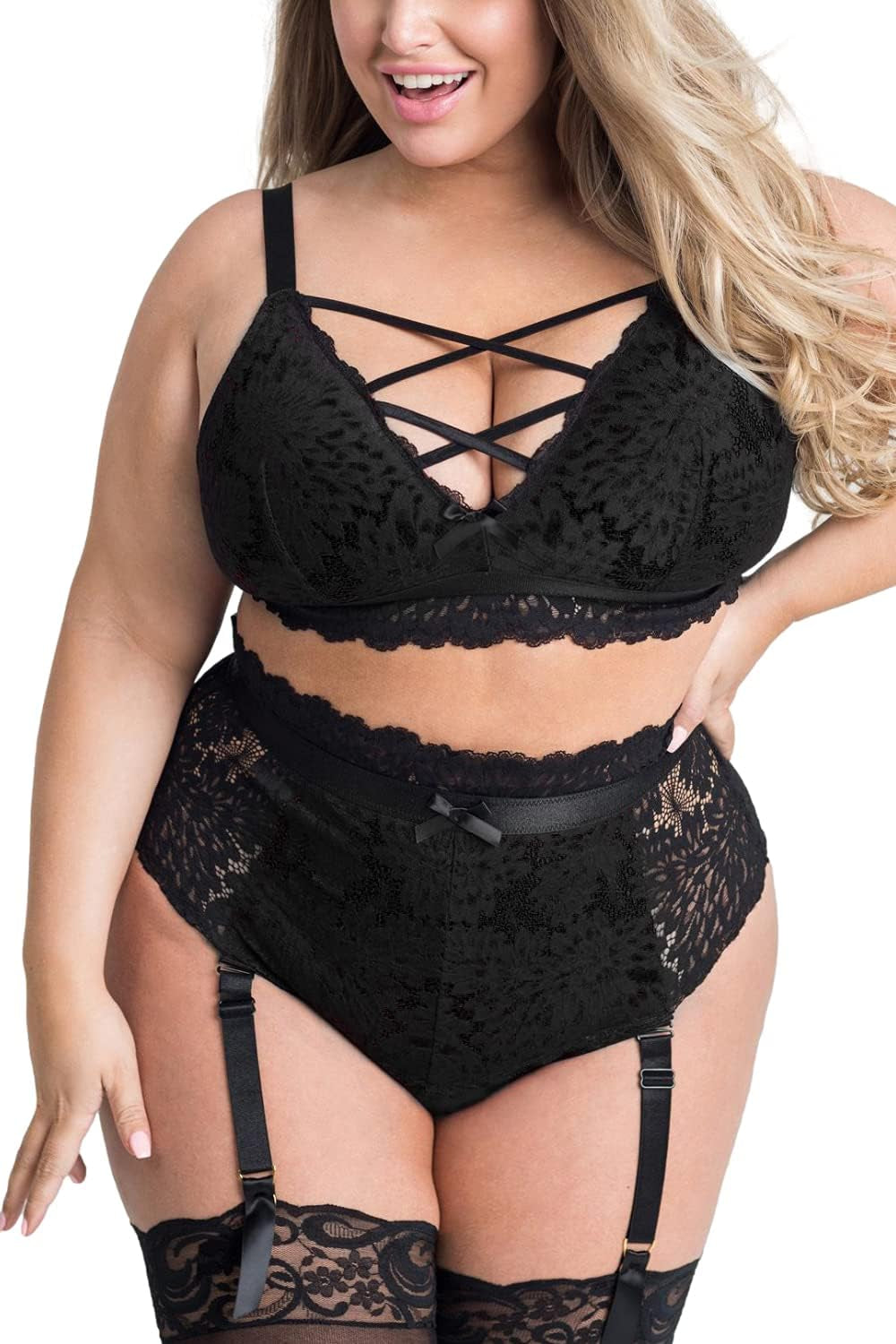 plus Size Lingerie for Women - Sexy Luxe Criss-Cross Bra Lace Cup Classic Underwear High Waisted Suspender Set