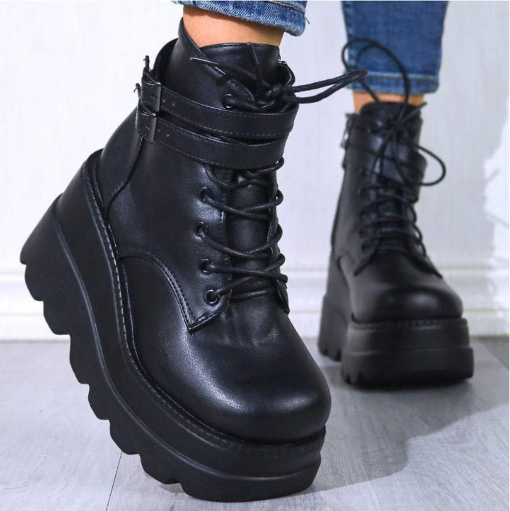 Platform Boots Goth Shoes, Goth Boots, Chunky Platform Boots for Women Black Lace up round Toe Zip High Heel Combat Motorcycle Wedge Ankle Boots (BLACK,7)