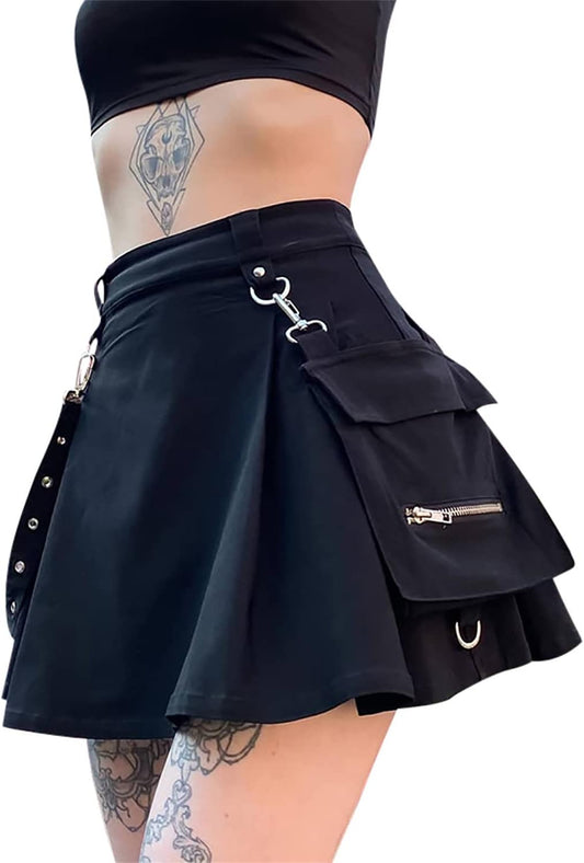 Goth Black Pleated Mini Skirt with Chain High Waisted Tennis Skirt