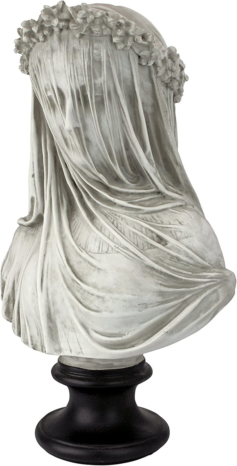 Veiled Maiden Indoor Bust Statue, 9 Inches Wide, 14 Inches Tall, Handcast Polyresin, Antiqued White Finish with a Black Painted Base