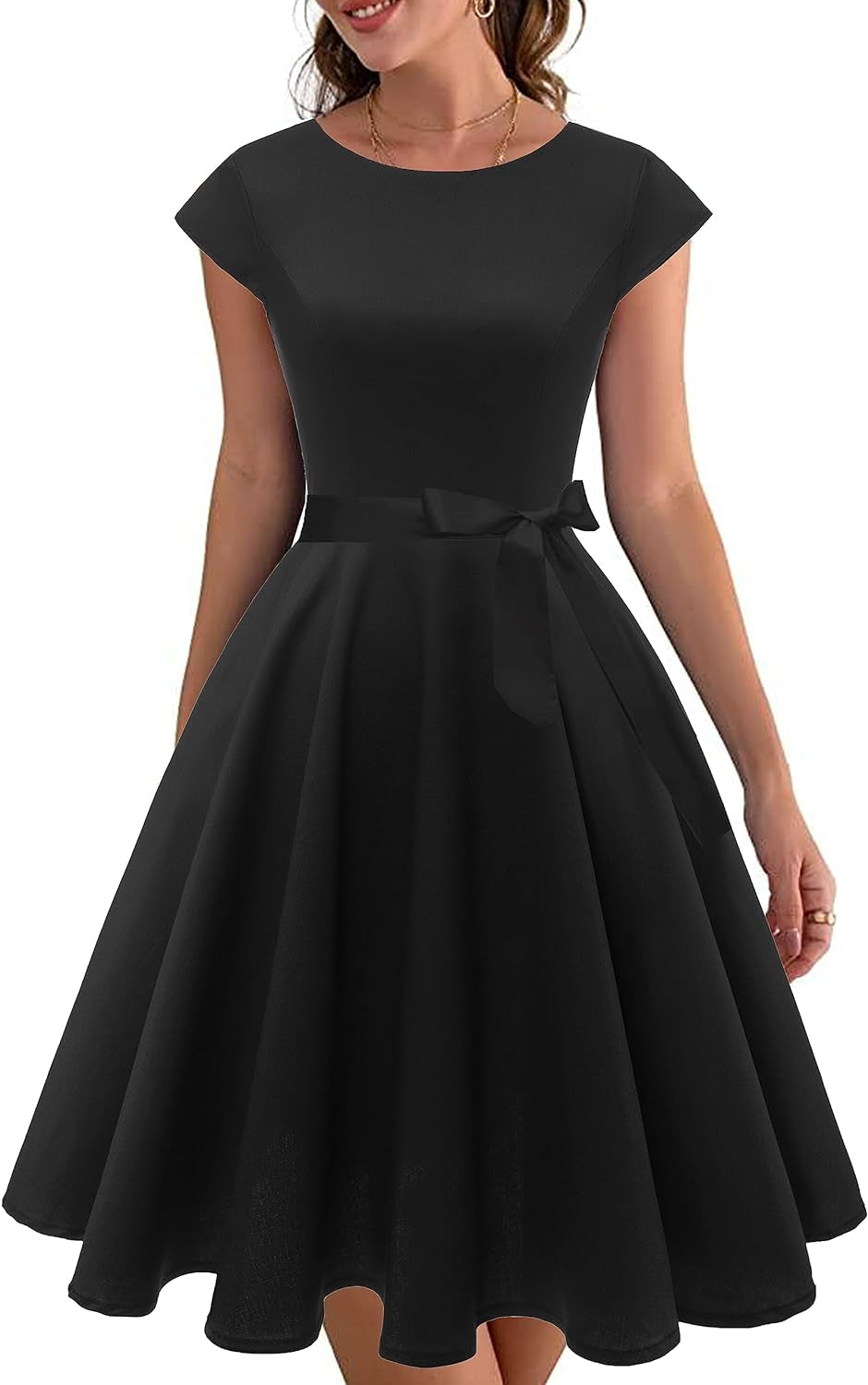 Women'S 1950 Boatneck Cap Sleeve Vintage Swing Cocktail Party Dress with Pockets Black M