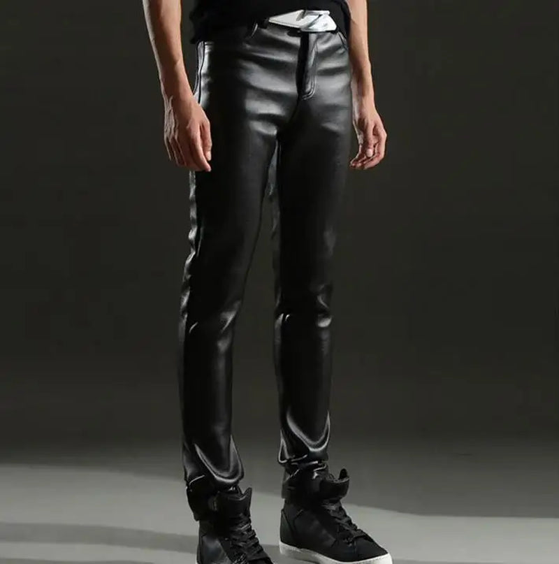 Teenage Velvet Thicken Mens Leather Trousers Patchwork Slim Personality Motorcycle Faux Leather Pants Mens Autumn Winter