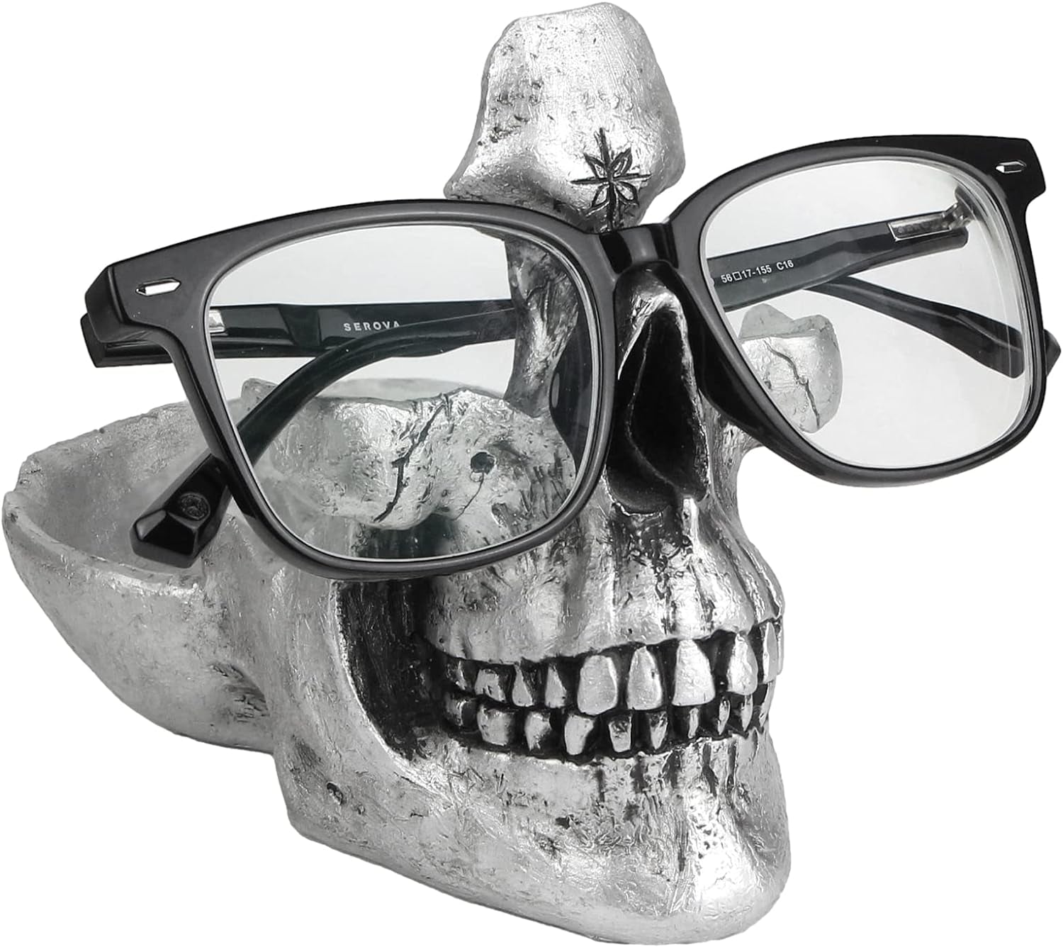 Skull Glasses Stand Holder, Creative Eyeglasses Holder, Sunglasses Spectacle Display Rack, Key Holder Resin Sculptures for Entryway, Home, Office, Desk, Nightstand (Silver)