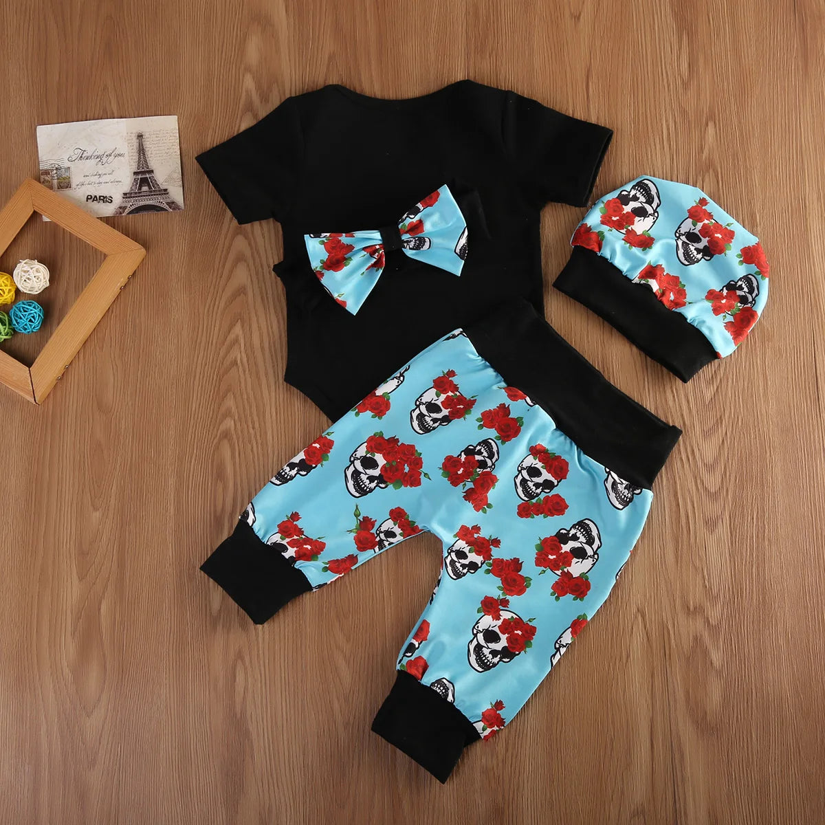 4Pcs Newborn Infant Halloween Baby Boy Clothes Jumpsuit Skull Bodysuit + Long Pants Outfit Headwear Set 0-24M