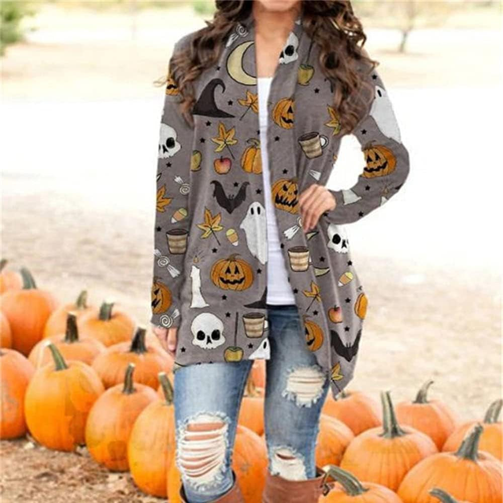 Women'S Halloween Cat Pumpkin Cardigan Long Sleeve Open Front Knit Outwear Coat plus Size Knitting Sweater Top