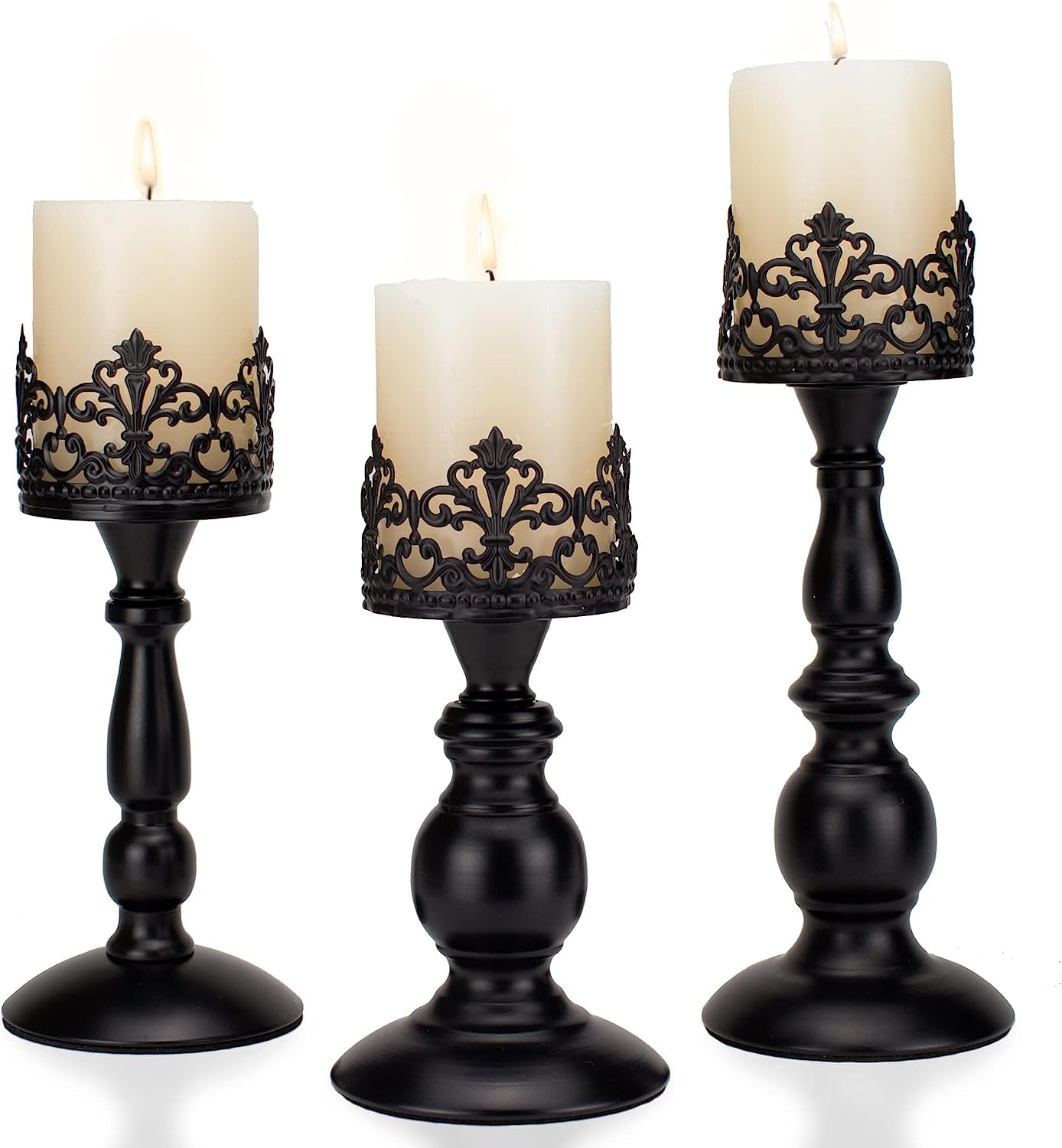 Vintage Pillar Candle Holders for Table Centerpiece Set of 3-11'' 9'' 8'' - Matte Black Metal Candle Stands Decorative - Candle Centerpiece for Table Fireplace Decor - Gothic Candle Holder