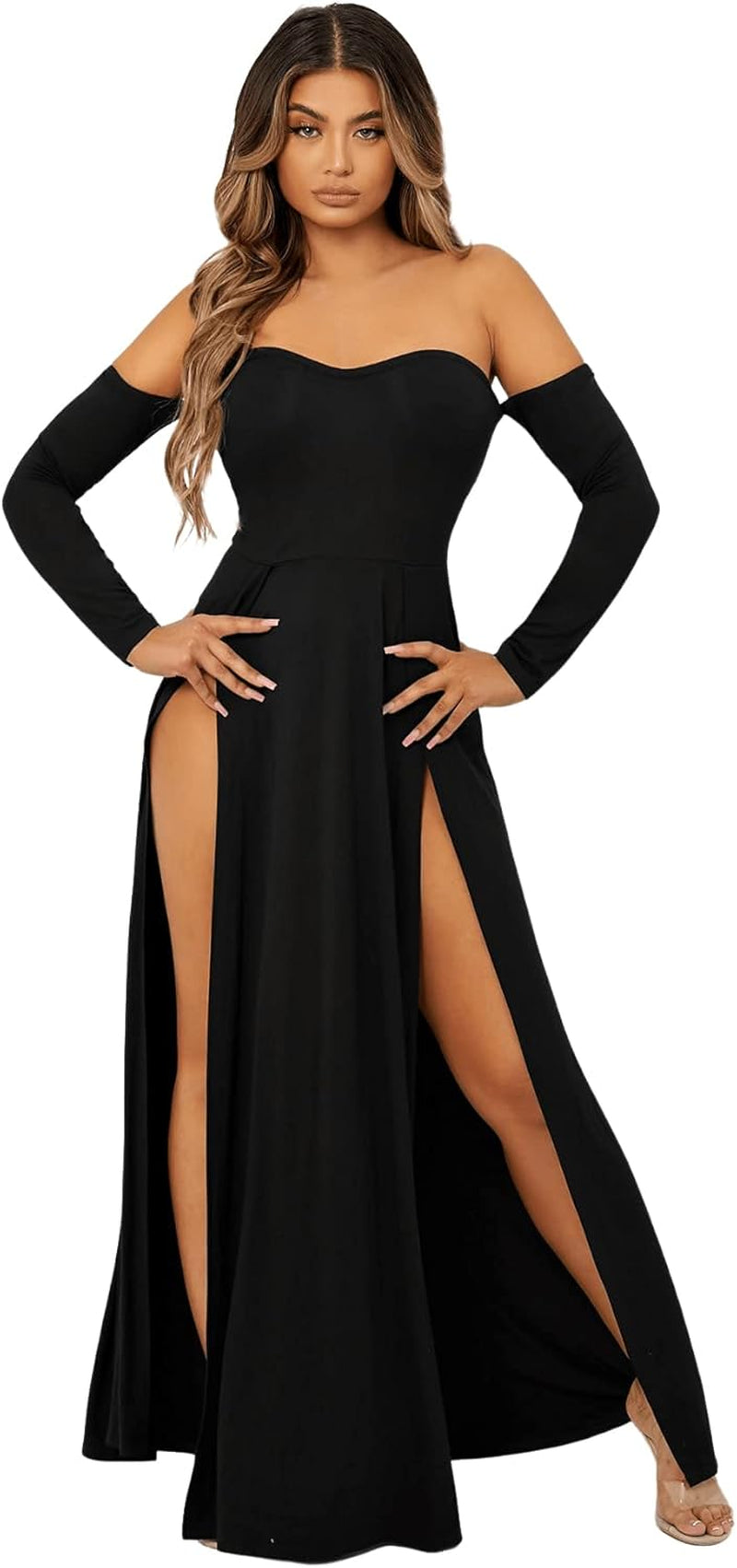 Women'S Elegant off Shoulder Double High Slit Long Sleeve Dress a Line Maxi Dresses