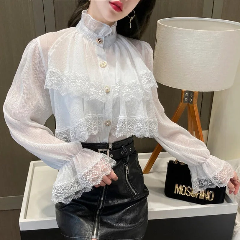 Victorian White Ruffles Stand Collar Lantern Sleeve Medieval Victorian Top Gothic Lolita Blouse Vintage Shirts Women Large Size