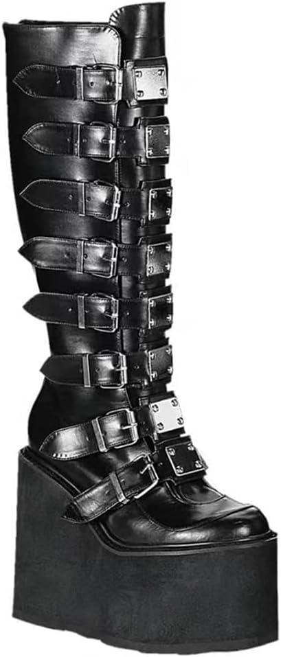 Women'S Punk Goth Platform Boots Buckle Straps Back Zipper Gothic Boots Ladies Rivets Metal Decoration Long Boots Knee High Tall Boots Combat Boots