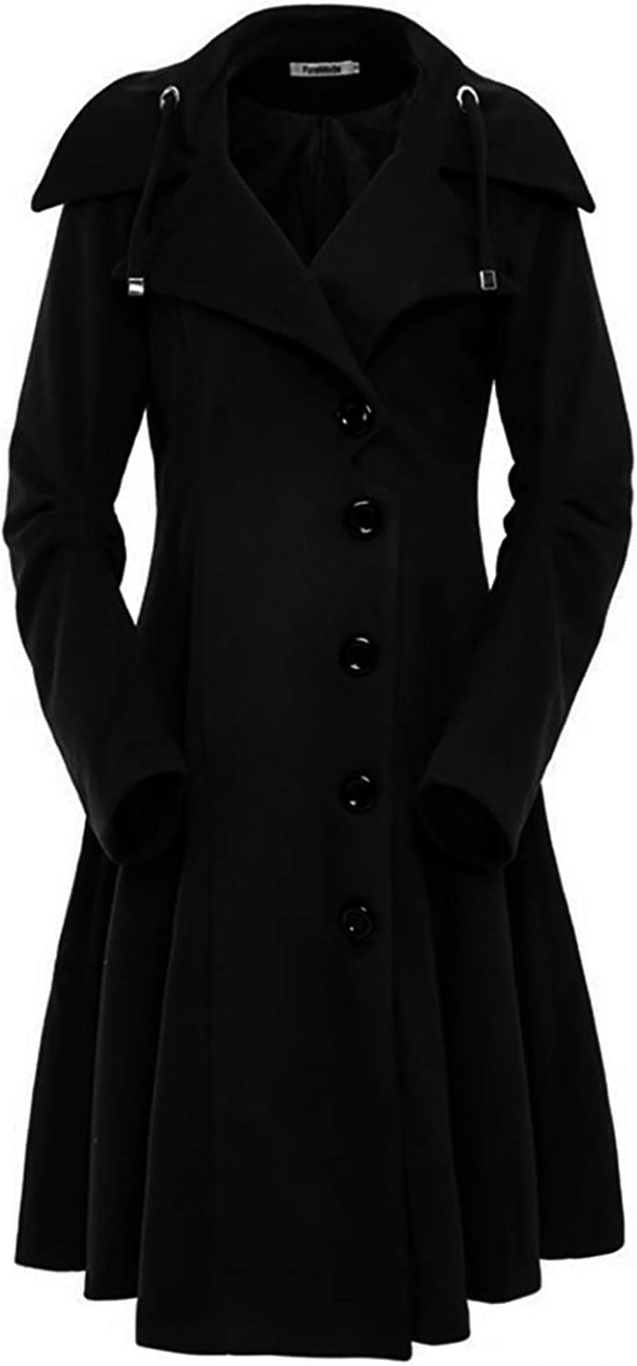 Women Swing Double Breasted Wool Pea Coat with Belt Buckle Spring Mid-Long Long Sleeve Lapel Dresses Outwear