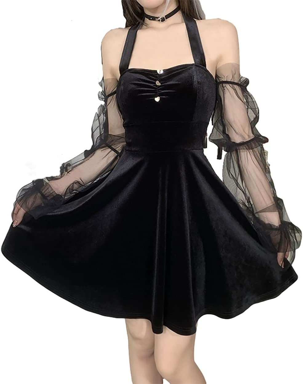 Womens Gothic Fairy Dresses Velvet off Shoulder Emo Halter Vintage Dress Harajuku Lace Long Sleeve Lolita Dress