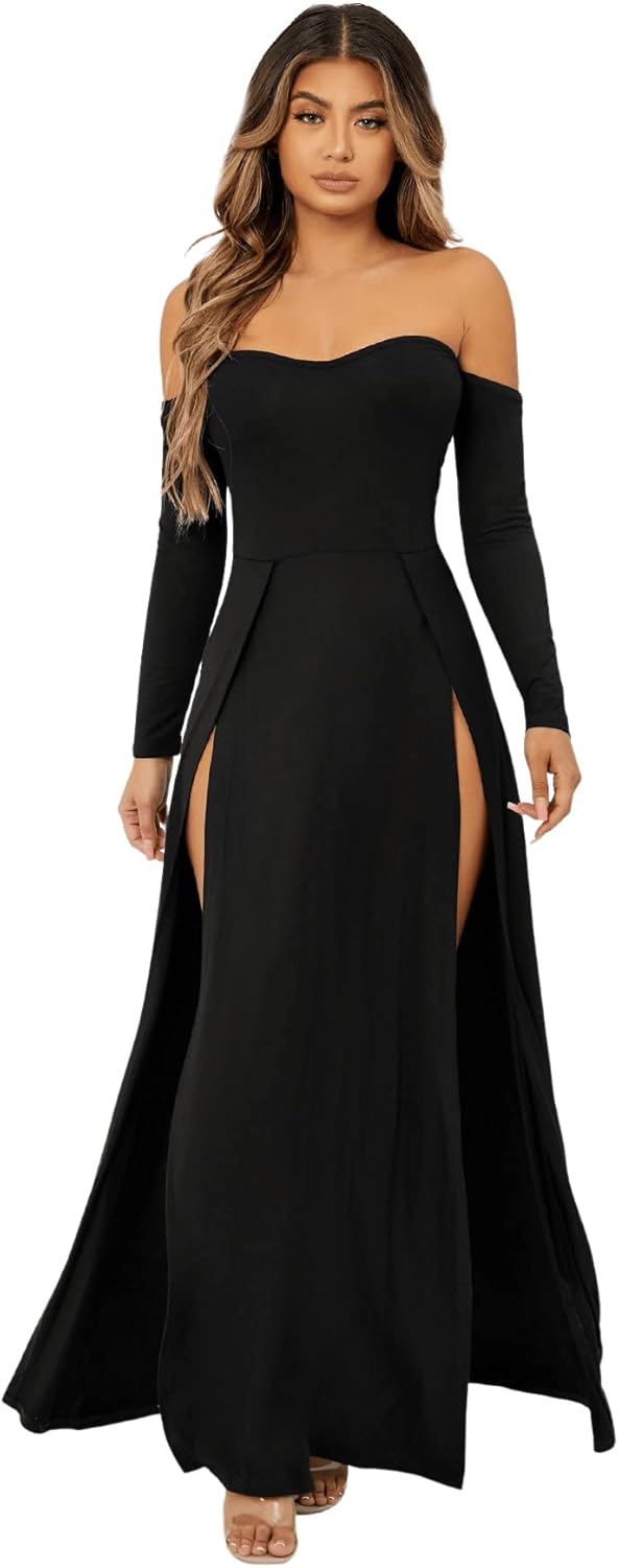 Women'S Elegant off Shoulder Double High Slit Long Sleeve Dress a Line Maxi Dresses