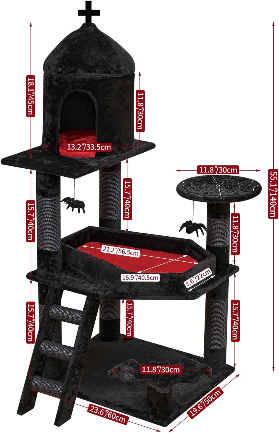 Gothic Cat Tree with Coffin Bed，55" Cat Tower with Spacious Cat Condo，Scratching Posts，Spider Hanging Ball，Multi-Level Cat Activities Furniture for Large Cats, Black Halloween