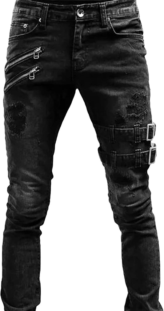 Men's Distressed Jeans Ripped Punk Gothic Zipper Denim Pants Slim Fit 