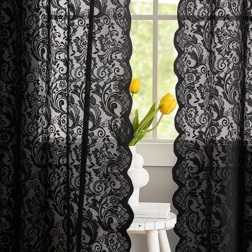 Black Lace Curtains 63 Inch Length Elegant Vintage Floral Sheer Curtain Panels for Halloween Luxury Gothic Curtains for Bedroom Witchy/Goth Room Decor, 52 X 63 Black