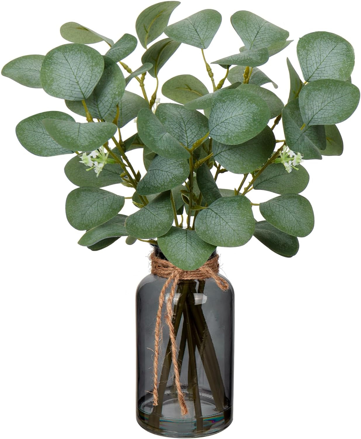 Artificial Eucalyptus Stems in Black Glass Vase with Faux Water, 14" Fake Plant Eucalyptus Leaves for Home Office Farmhouse Wedding Centerpiece Décor