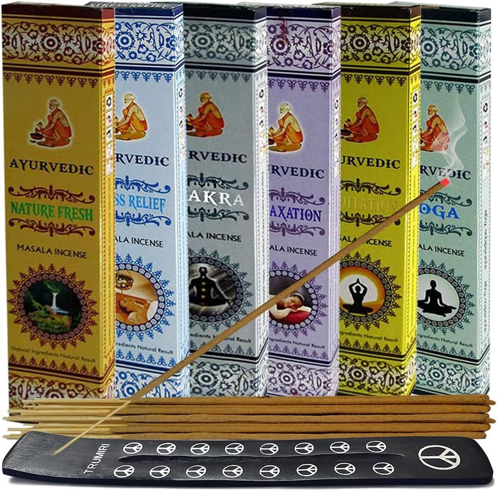 Ayurvedic Incense Sticks Variety Pack #1 and Ash Catcher Bundle with 6 Fragrances