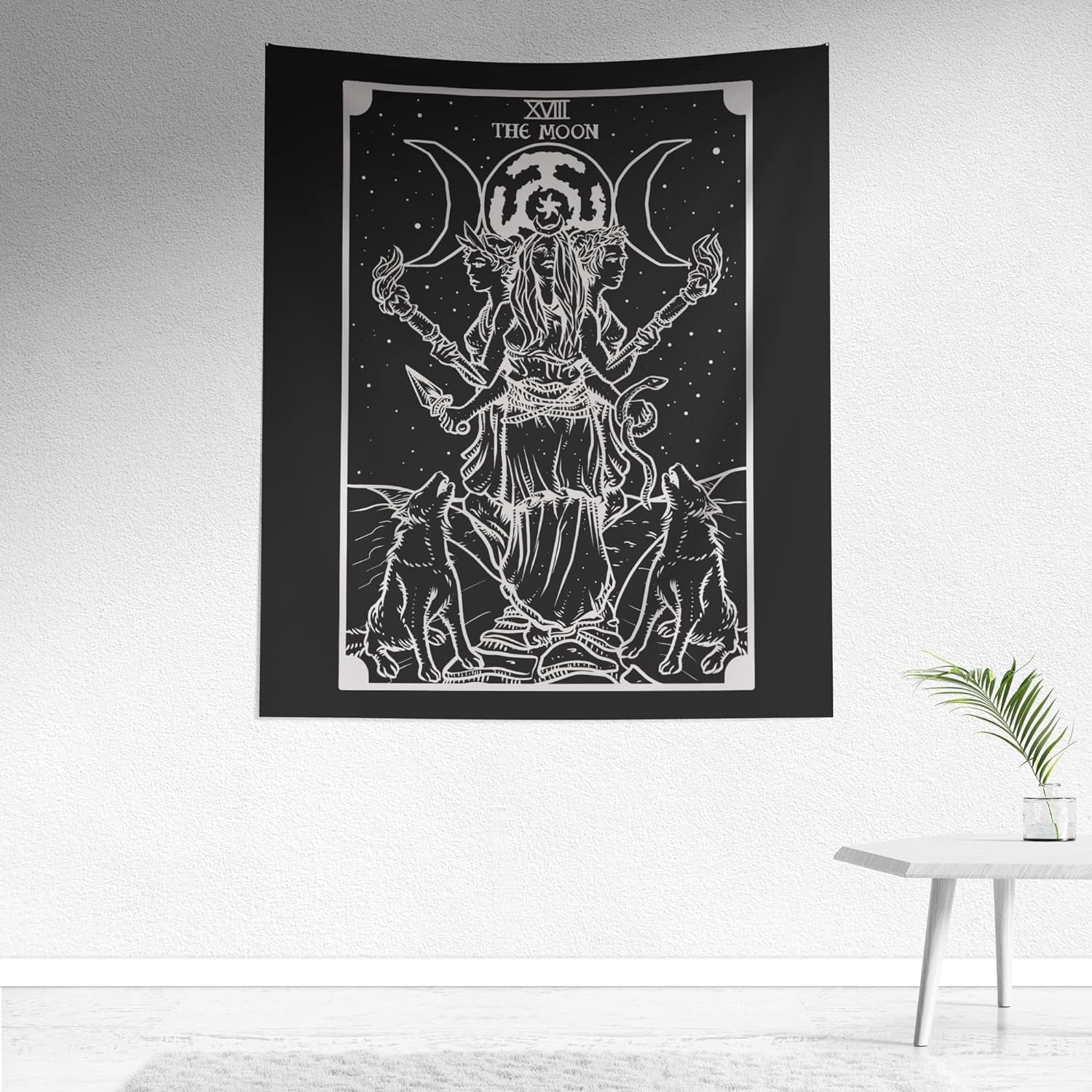 The Goddess Hecate Tarot Card Tapestry (Black & White) - Triple Moon Goddess of Witchcraft Hekate Wheel Pagan Witch Wall Hanging (60" X 50")