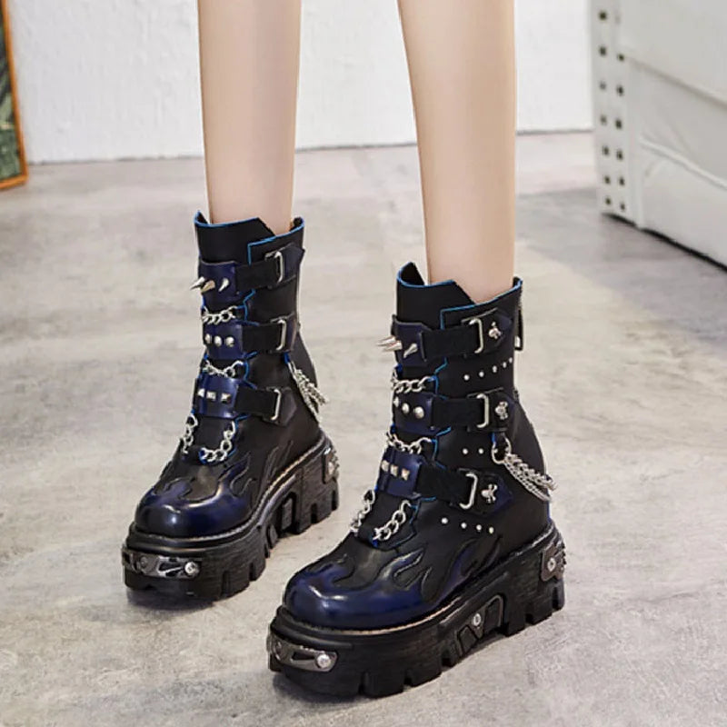 Spring Autumn Women Rivet Metal Chain Buckle Belt Short Equestrian Boots Winter Lady Plush Platform Ankle Chunky Boots 0915