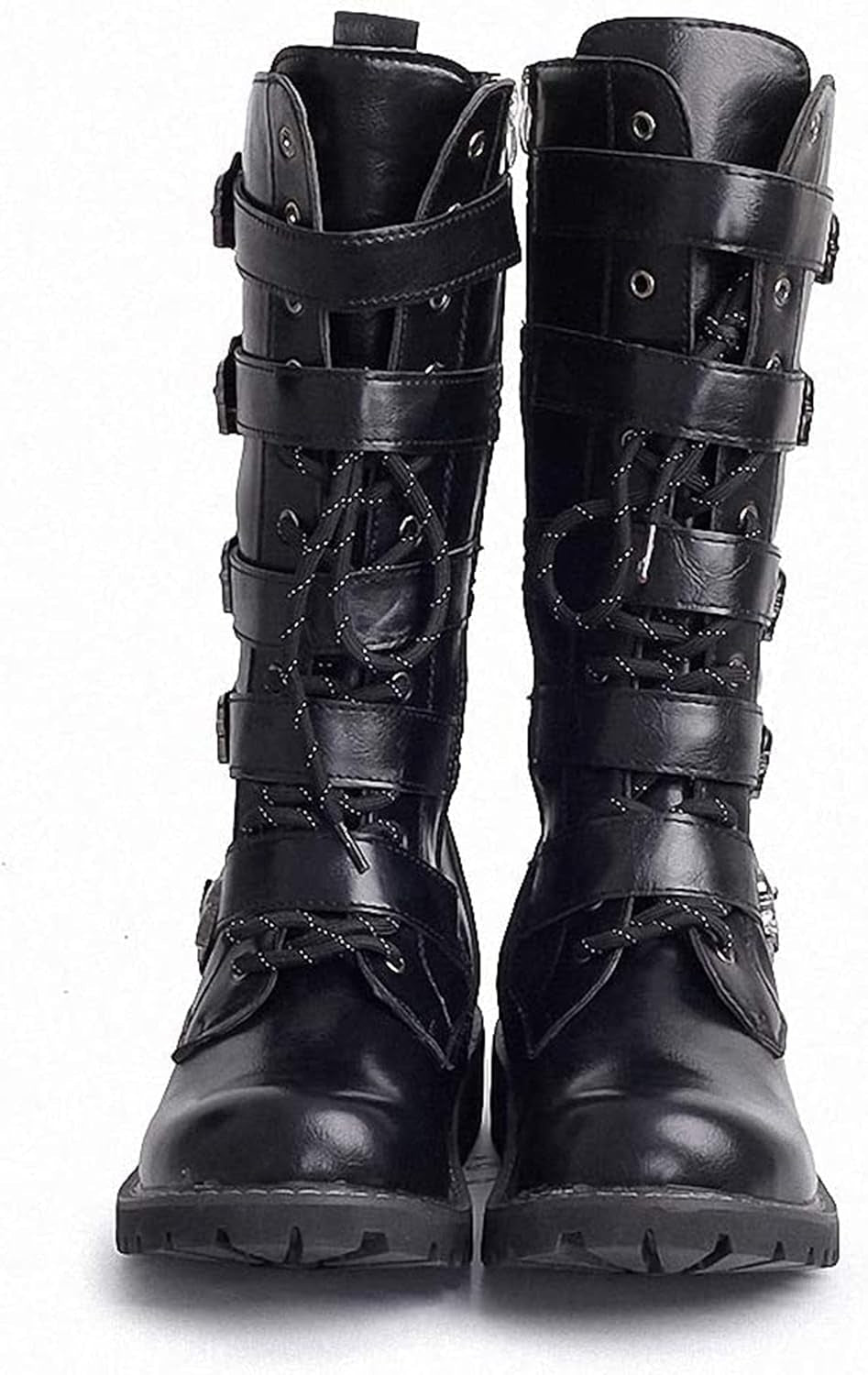 Men'S Leather Motorcycle Long Boots Side Zipper Waterproof Biker Riding Punk Rock round Toe Cowboy Western Tactical Army Boot Black Lace up Men Shoes