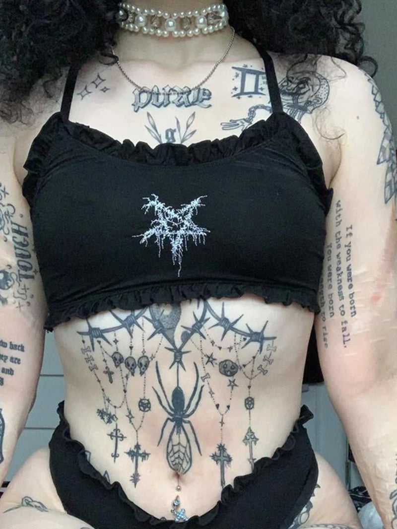 Pastel Goth Sexy Camis Women Aesthetic Y2K Emo Alt Pentagram Printed Strapless Crop Tops Dark Gothic Punk Grunge Vests