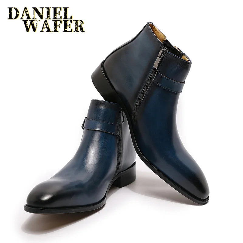 Luxury Men Ankle Boots Leather Shoes Black Blue High Grade Zipper Buckle Strap Chelsea Boot Office Wedding Dress Boots for Men