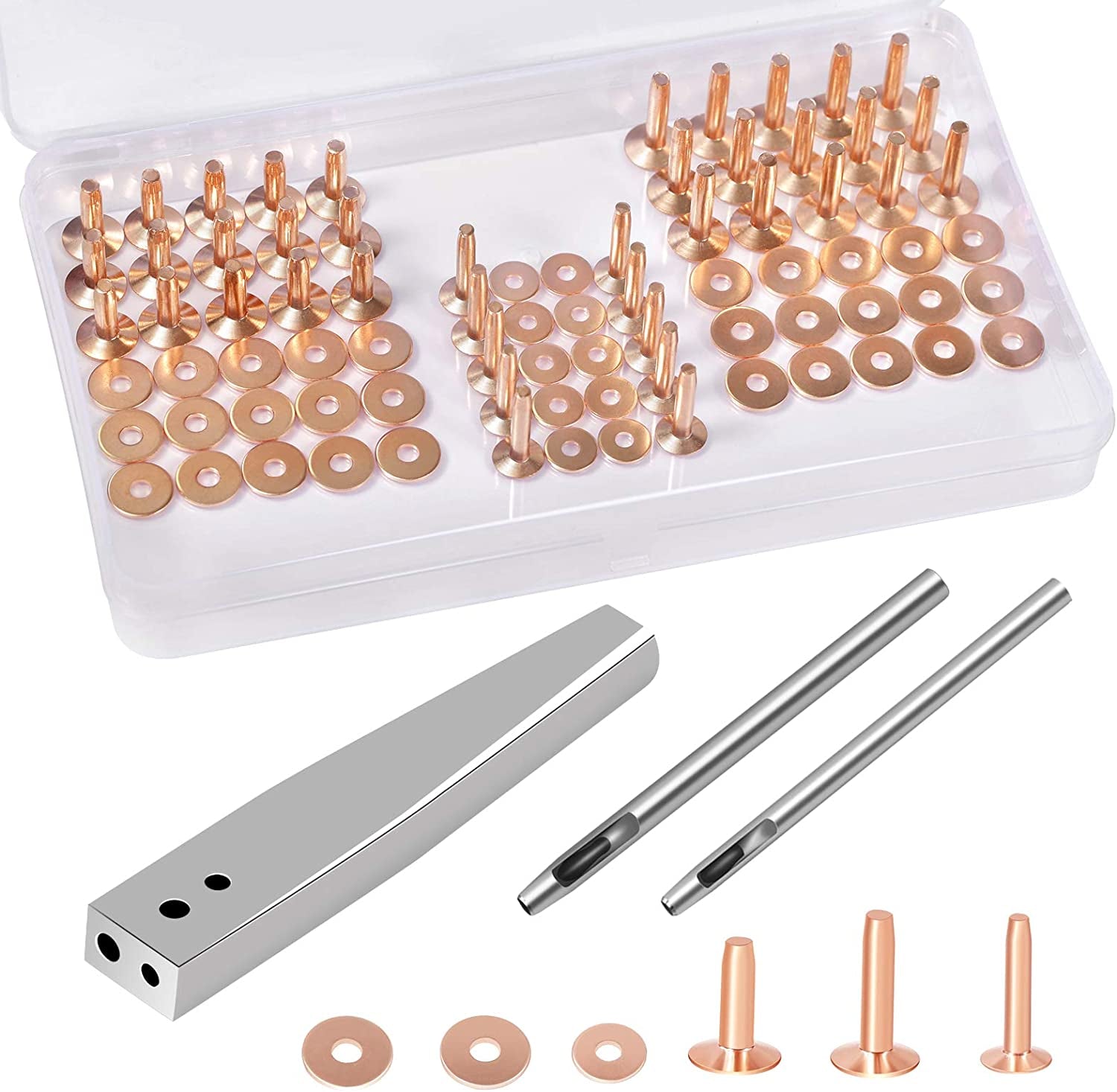 84Pcs, Copper Rivets and Burrs, 9 and #12 Burrs Setter, Leather Rivets Fastener Install Setting Tool with 4Mm Leather Hole Punch Cutter for Belts Wallets Collars Leather Working Supplies