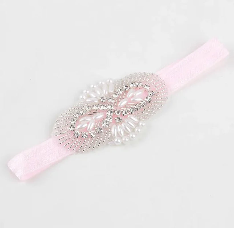 Vintage Baby Girls Pearl Flower Rhinestone Headband Elastic Kids Hair Accessories Newborn Photo Prop