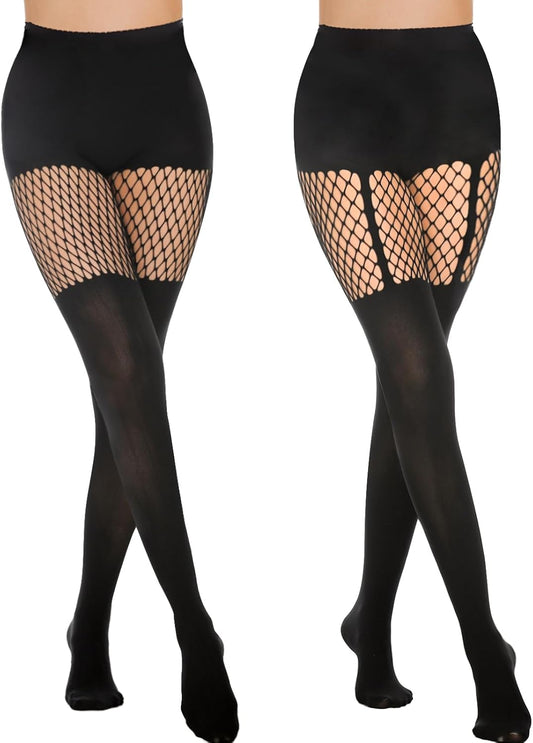 Faux Thigh High Tights Mock Suspender Pantyhose Striped Goth Fishnets Pack of 2