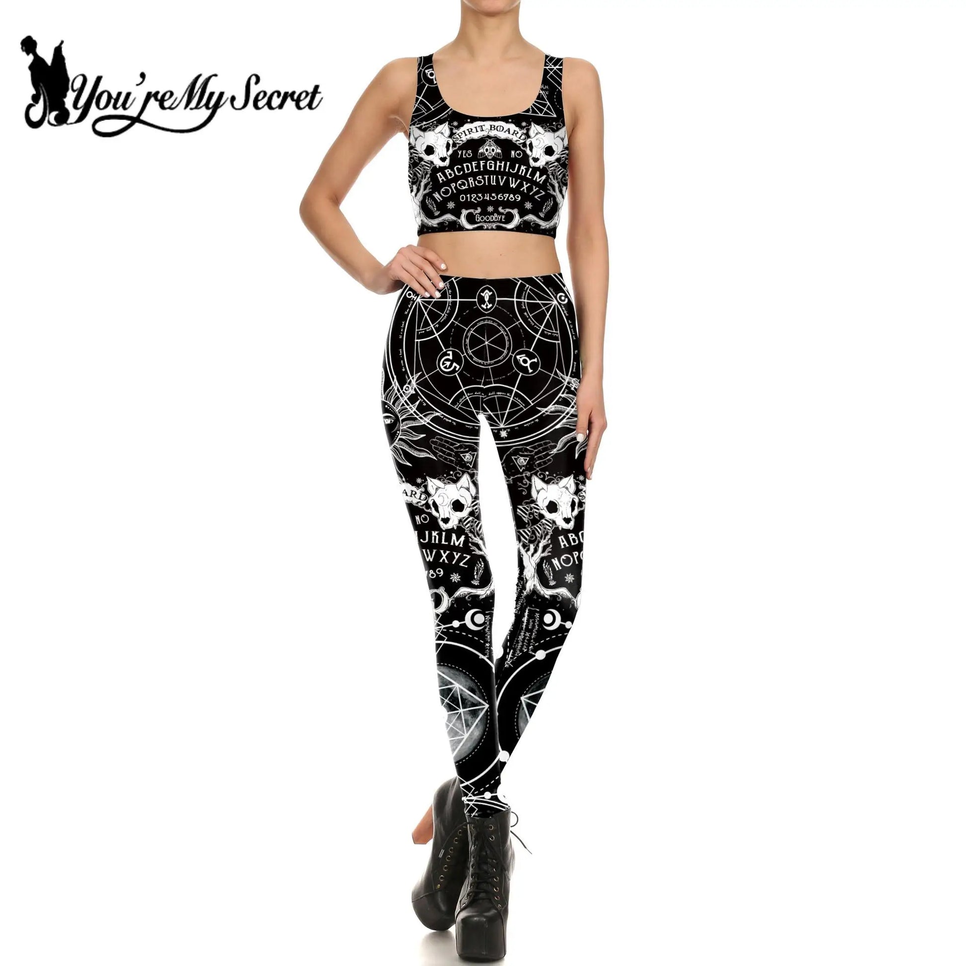 [You'Re My Secret] Ouija Print Sexy Skinny Leggings for Women Croped Tops Set High Waist Gothic Goth Black Color Punk Trousers