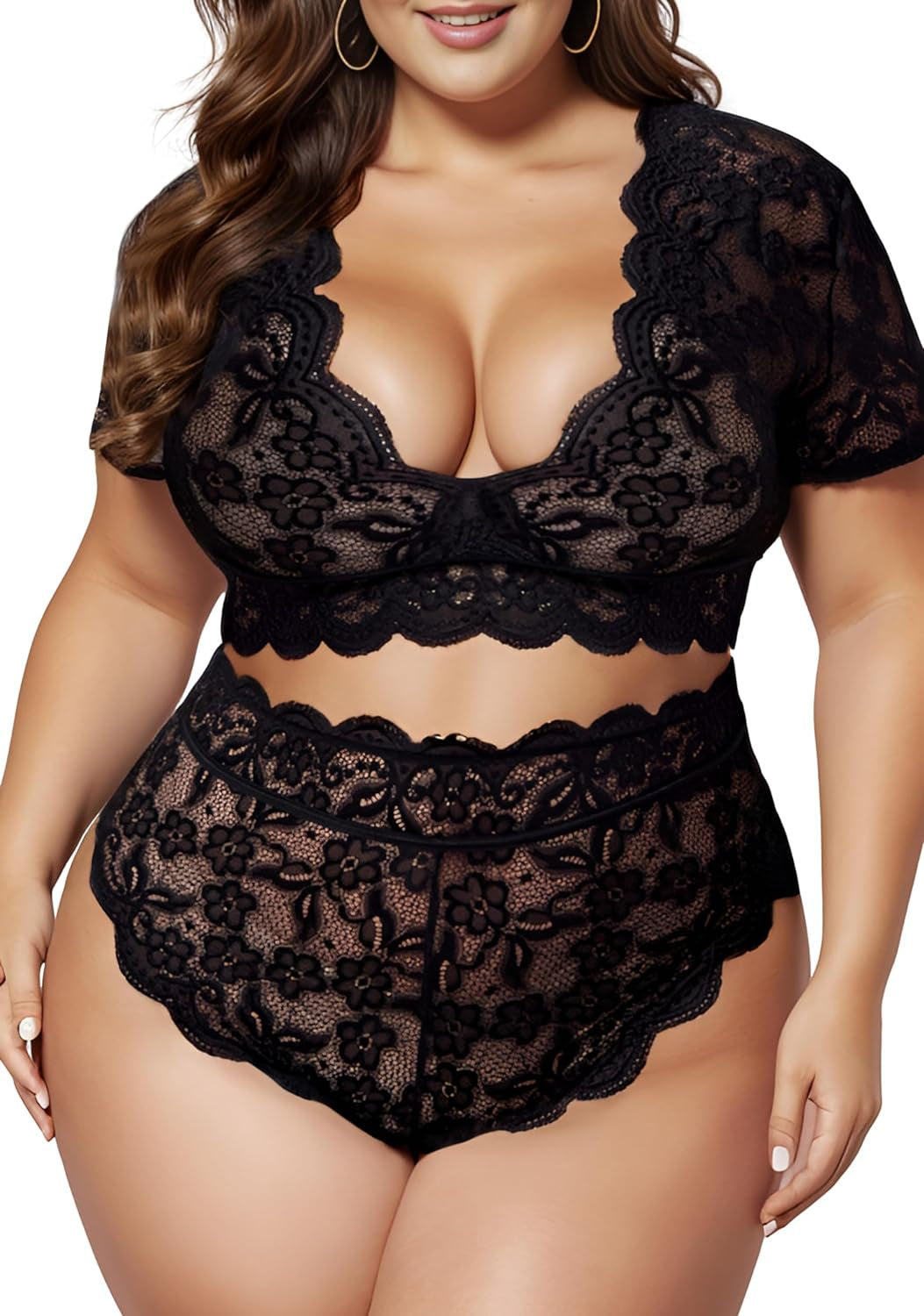 plus Size 2 Piece Lingerie Set for Women Sexy Deep V Allover Lace Bra and Panty High Waist Nightwear Clubwear