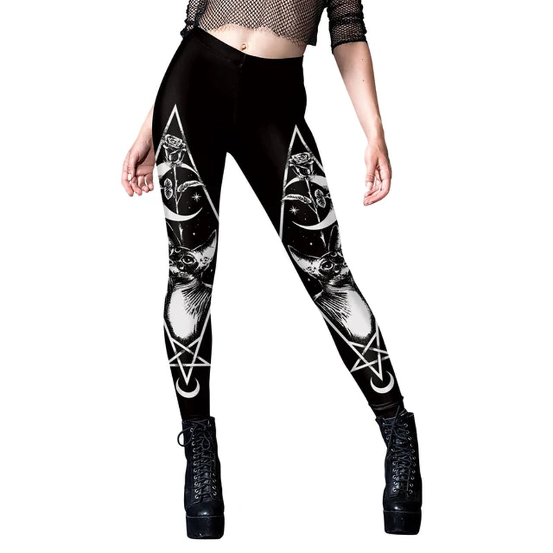 [You'Re My Secret] 2023 HOT Gothic Leggings for Women Ouija Workout Pants Dark Grunge Black Cat Skull Leggins Devil Satan Legins