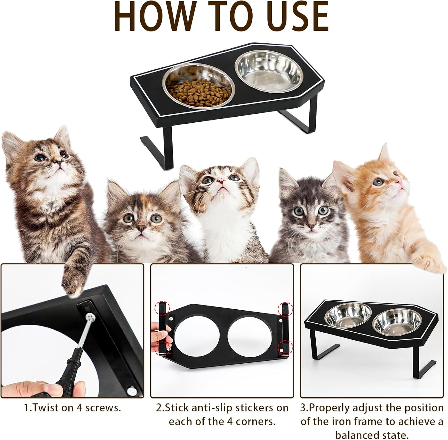 Cat Food Bowls Elevated, Gothic Cat Bowls, Raised Cat Bowls for Indoor Cats with Non-Slip Stand & Wood Board, Stainless Steel and Whisker Friendly Food Bowls