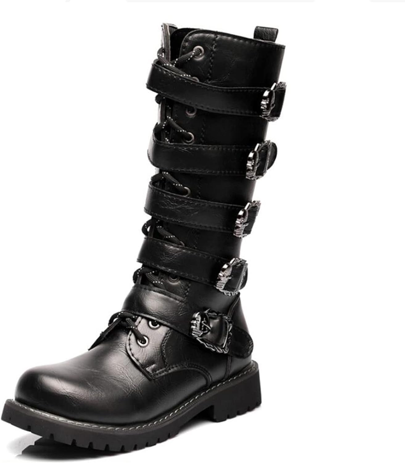 Men'S Leather Motorcycle Long Boots Side Zipper Waterproof Biker Riding Punk Rock round Toe Cowboy Western Tactical Army Boot Black Lace up Men Shoes