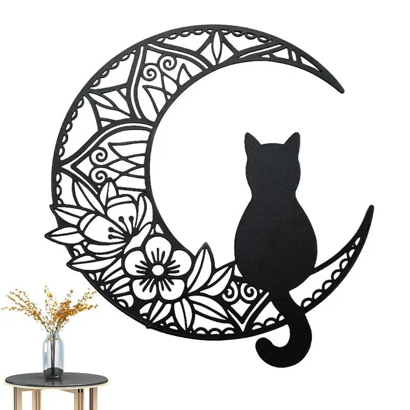 Cat Moon Metal Wall Art Metal Black Cat and Moon Wall Art Decor Black Cat Silhouette with Moon Phase Boho Style Home Decor Wall