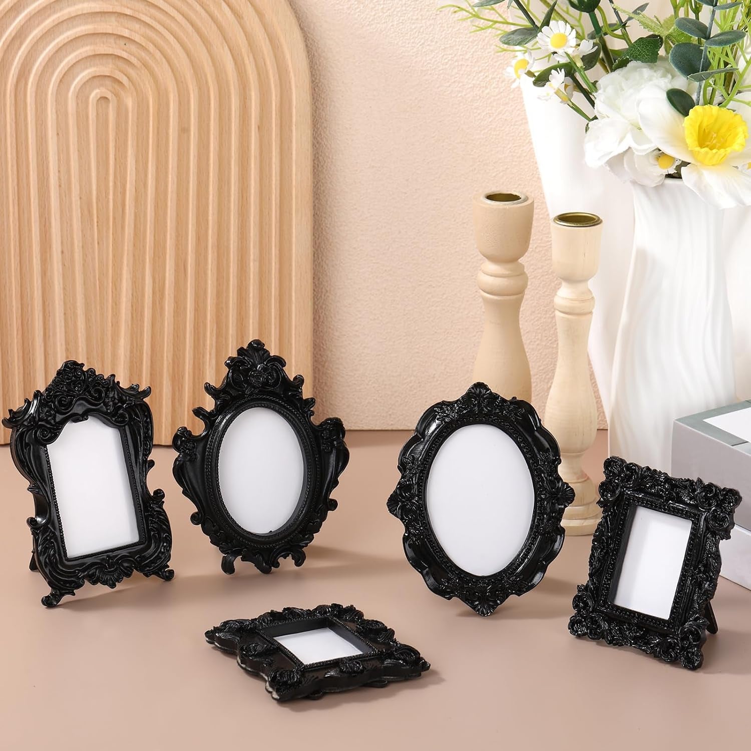 Mini Picture Frames Vintage Tiny Frames Antique Photo Frame Baroque Ornate Resin Oval Frame Table Top Display Frame Home Wedding Decor(Black, 15 Pcs)