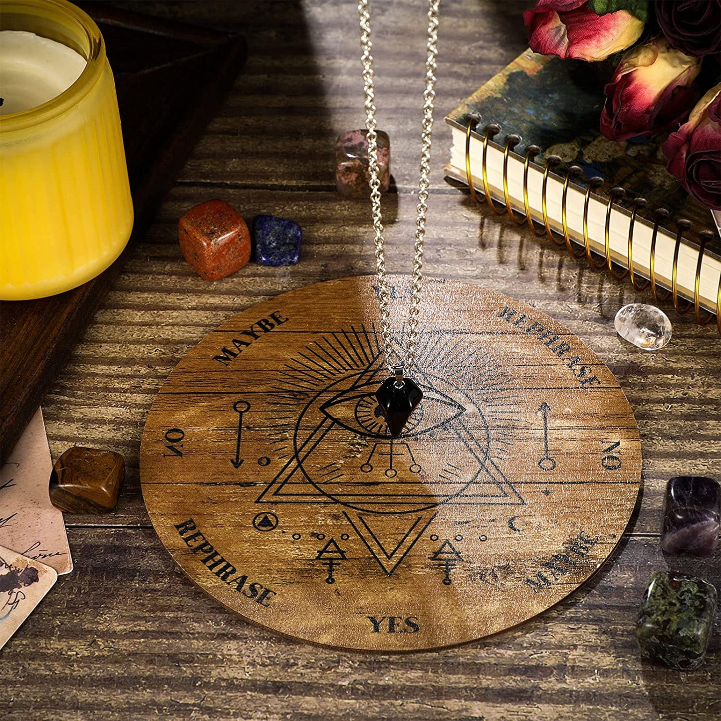 Wooden Pendulum Board Dowsing Divination Pendulum Witchcraft Altar Supplies with Crystal Necklace and Wooden Pendulum Board Metaphysical Message Board Kit, 6 Inch (White)