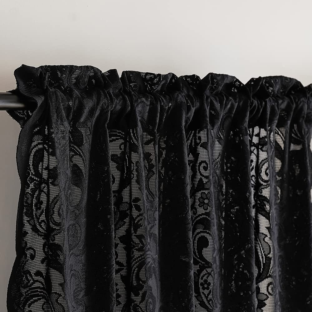 Black Lace Curtains 63 Inch Length Elegant Vintage Floral Sheer Curtain Panels for Halloween Luxury Gothic Curtains for Bedroom Witchy/Goth Room Decor, 52 X 63 Black