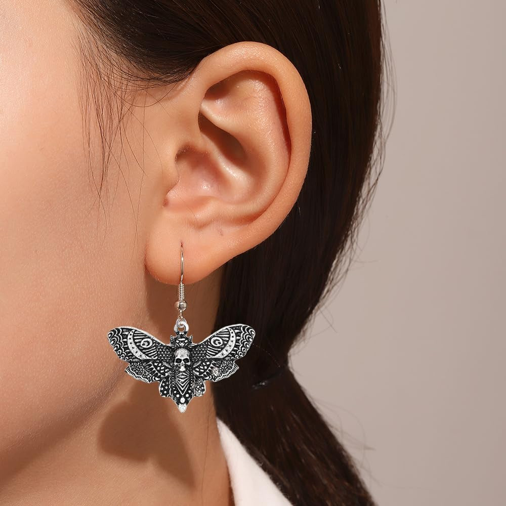 2 Pairs Goth Butterfly Dangle Earrings Luna Moth Earrings Crescent Moon Star Drop Earrings Punk Skull Pendant Earrings for Women - Silver