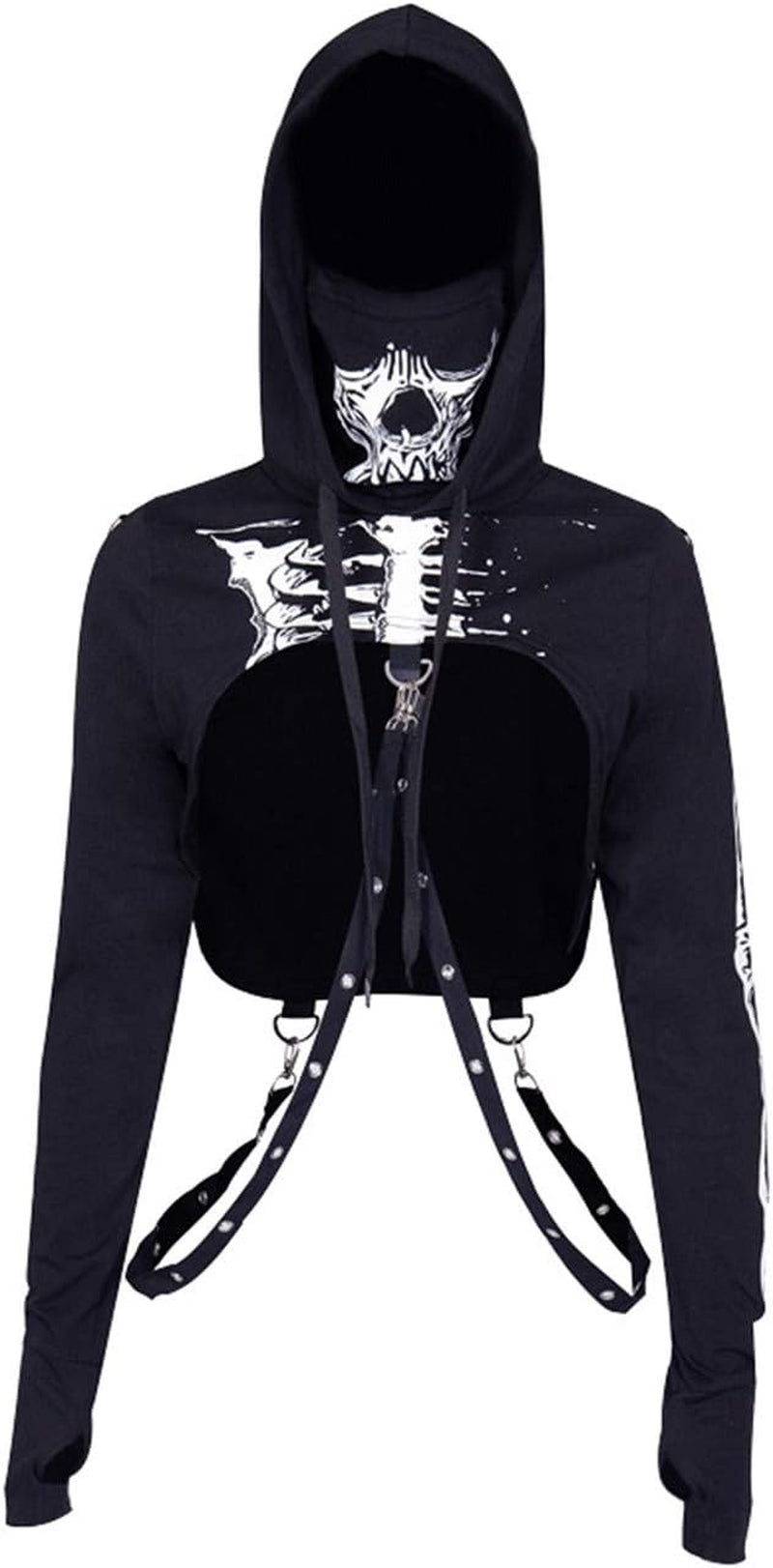 Women Gothic Punk Hoodies Bandage Crop Tops Long Sleeve Pullover Sweatshirt for Rave Festivals Streetwear