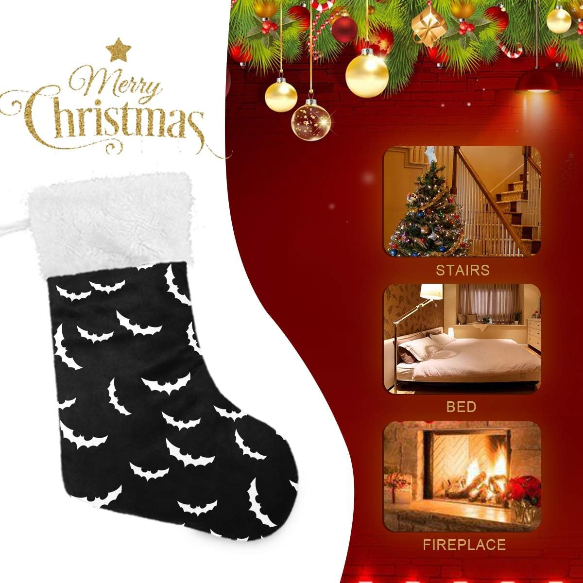 Christmas Stocking with Bats Halloween Goth Print Xmas Stockings 