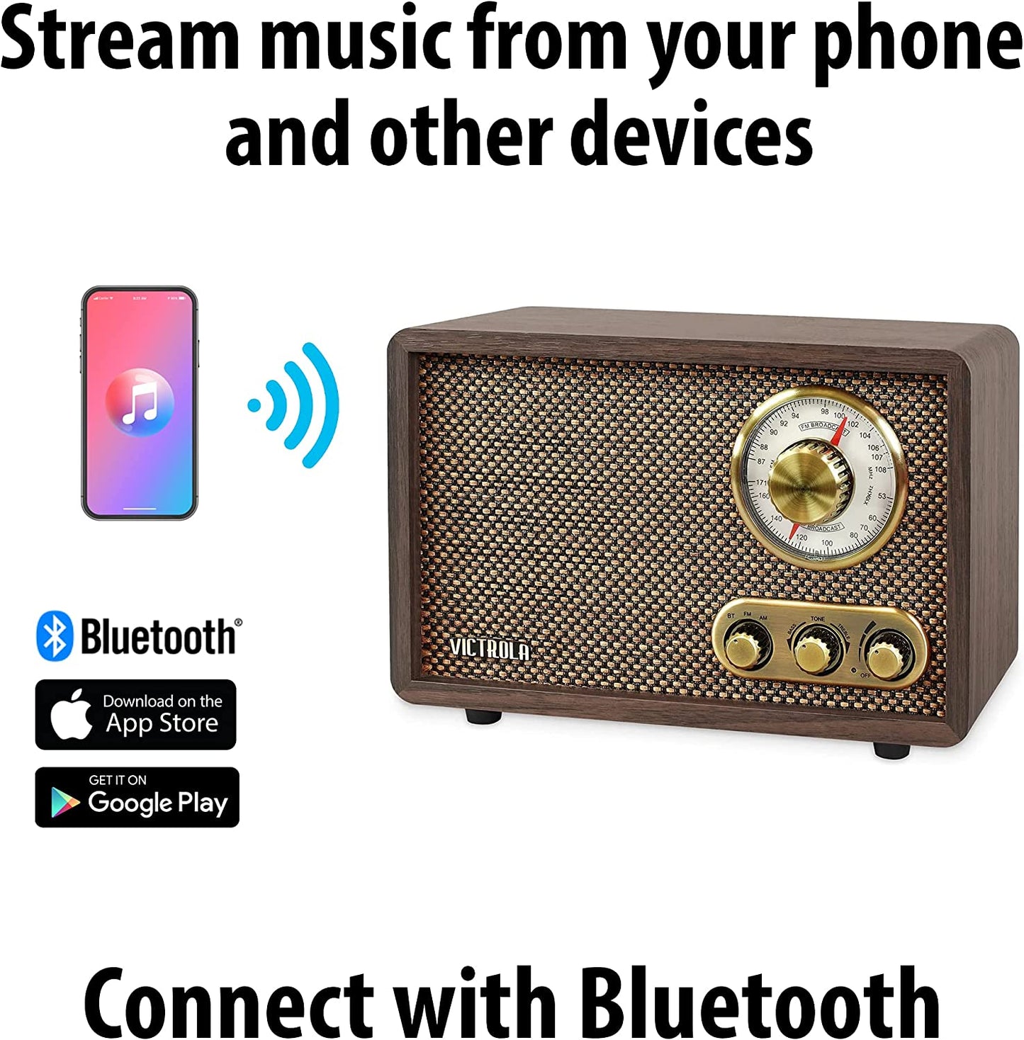 Retro Wood Bluetooth FM/AM Radio with Rotary Dial, Espresso