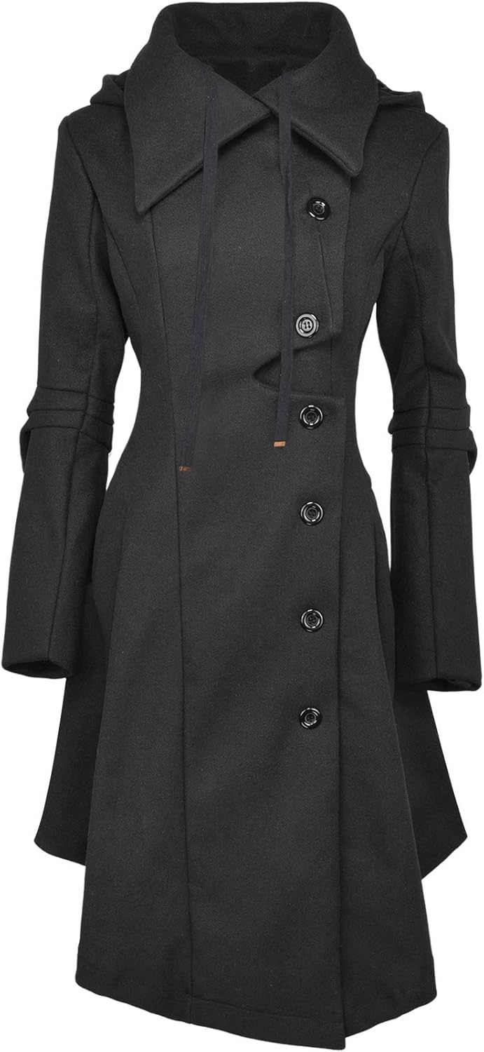 Women'S Trench Coat Goth Wool Blend Pea Jacket Victorian Long Fitted Trenchcoat Hood Winter Steam Punk Lapel Outwear